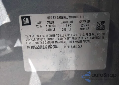 2018 Chevrolet Cruze Lt Auto из США, поврежденный, VIN 1G1BE5SM2J7152984